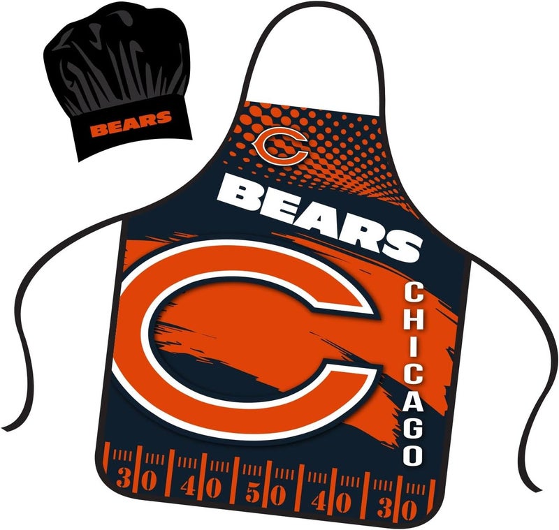 Mojo Licensing Chicago Bears Apron Chef Hat Set Full Color Universal Size Tie Back Grilling Tailgate BBQ Cooking Host - Image 1